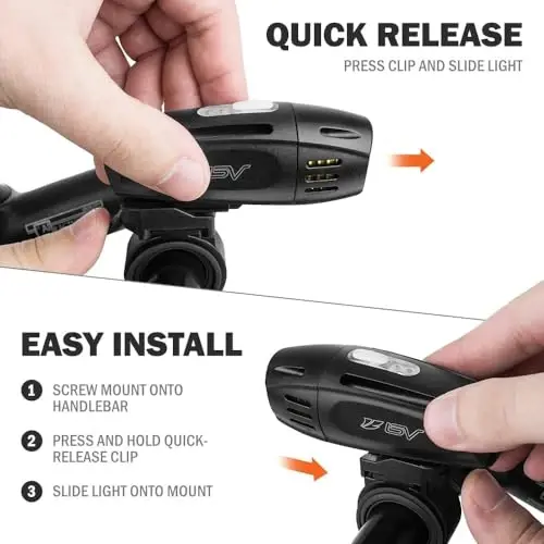 BV Bike Lights, Super Bright with 5 LED Bike Headlight & 3 LED Rear, Bike Lights for Night Riding with Quick-Release, Waterproof Bicycle Light Set, Bike Accessories, Bicycle Accessories, Flashlight - 5