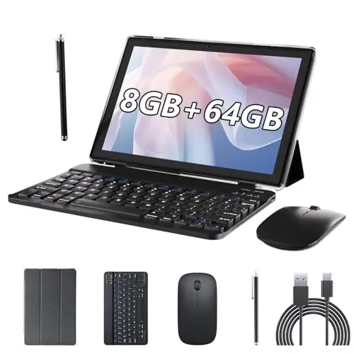 BYANDBY 10 inch Tables,Android 14 Tablet 2 in 1, Quad-core Processor, 64GB+8GB+1TB Expandable, Wi-Fi, BT, Dual Camera, IPS Touch Screen, Games, GMS Certifies (Black) - 1