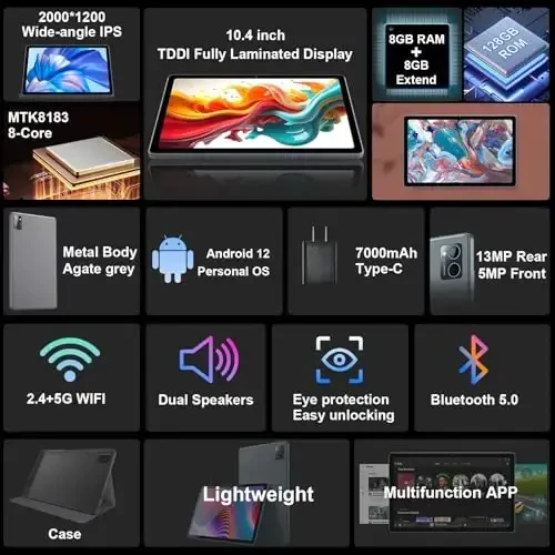 BYANDBY 2025 Android plansheti, 10.4 dyuymli planshet, 16GB+128GB+1TB kengaytirish, Sakkiz yadroli protsessor Android planshetlari, 2000 * 1200 FHD, 2.4G/5G WiFi 6, 7000mAh, BT 5.0, 5MP+13MP Dual Camera, O'yinlar - Modazone (1)