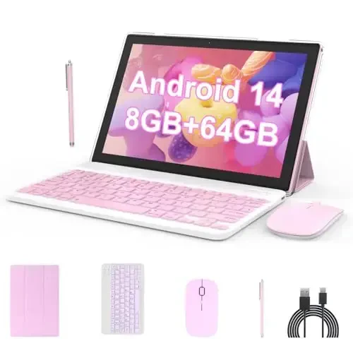 BYANDBY Android 14 Tables 10 inch, 2 in 1 Tablet, Quad-core Processor, 64GB+8GB+1TB Expandable, Wi-Fi, BT, Dual Camera, IPS Touch Screen, Games, GMS Certifies (Pink) 