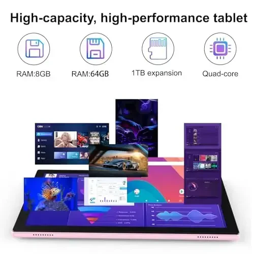BYANDBY Android 14 Tables 10 inch, 2 in 1 Tablet, Quad-core Processor, 64GB+8GB+1TB Expandable, Wi-Fi, BT, Dual Camera, IPS Touch Screen, Games, GMS Certifies (Pink) - 3