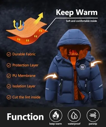 BYLESIN Kids Boy's Winter Coat Fleece Lined Waterproof Jacket Puffy Cotton Coat Thick Hooded Down Outdoor Coats - 4