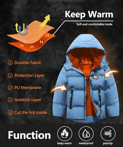 BYLESIN Kids Boy's Winter Coat Fleece Lined Waterproof Jacket Puffy Cotton Coat Thick Hooded Down Outdoor Coats - 4