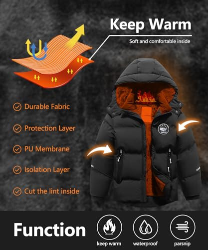 BYLESIN Kids Boy's Winter Coat Fleece Lined Waterproof Jacket Puffy Cotton Coat Thick Hooded Down Outdoor Coats - 4