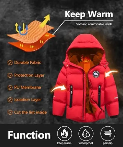 BYLESIN Kids Boy's Winter Coat Fleece Lined Waterproof Jacket Puffy Cotton Coat Thick Hooded Down Outdoor Coats - 4