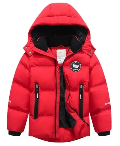 BYLESIN Kids Boy's Winter Coat Fleece Lined Waterproof Jacket Puffy Cotton Coat Thick Hooded Down Outdoor Coats 