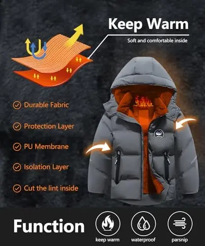 BYLESIN Kids Boy's Winter Coat Fleece Lined Waterproof Jacket Puffy Cotton Coat Thick Hooded Down Outdoor Coats - 4