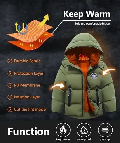 BYLESIN Kids Boy's Winter Coat Fleece Lined Waterproof Jacket Puffy Cotton Coat Thick Hooded Down Outdoor Coats - 4