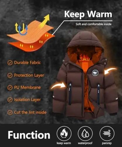 BYLESIN Kids Boy's Winter Coat | Fleece Lined Waterproof Jacket Puffy Cotton Coat Thick Hooded Down Outdoor Coats - 4