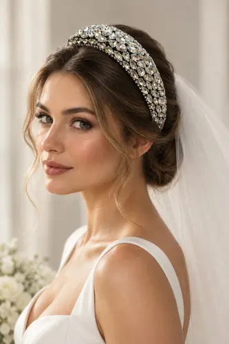 BYM Kadın Gümüş Full Cam Taşlı Geniş Gelin Saç Tacı El Dikimi Kutulu Nikah Düğün - Diamond Silver - 1