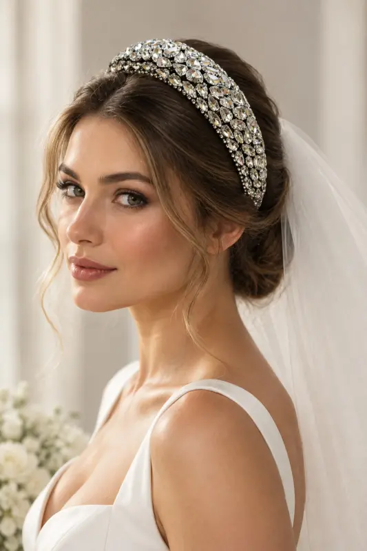 BYM Kadın Gümüş Full Cam Taşlı Geniş Gelin Saç Tacı El Dikimi Kutulu Nikah Düğün - Diamond Silver - 1