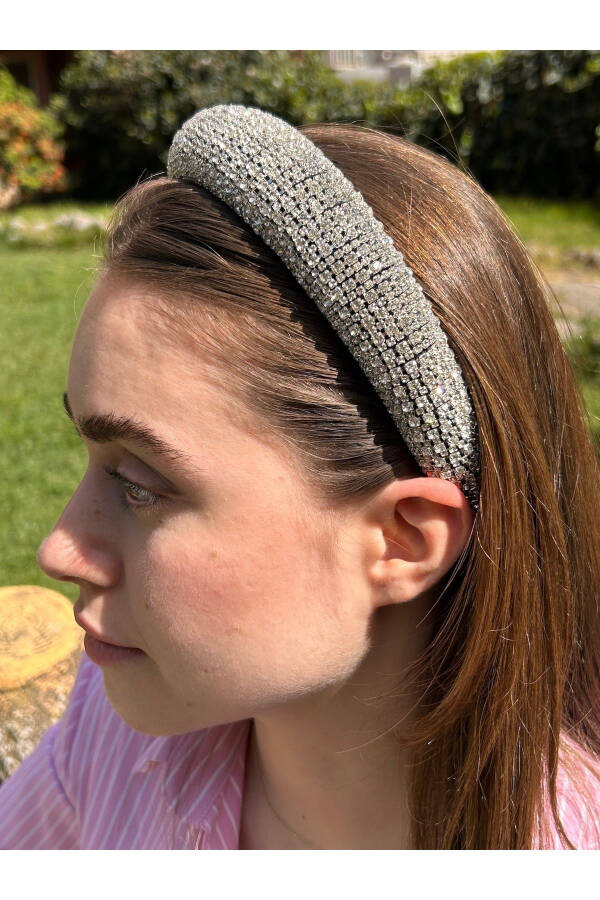 Bym002 Abiye Marka Model Full Taşlı Taç Kadın Saç Tacı-GUMUS - 4