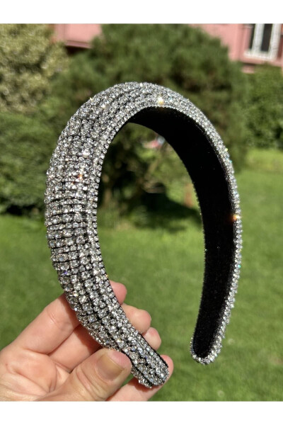Bym002 Abiye Marka Model Full Taşlı Taç Kadın Saç Tacı-GUMUS - 5