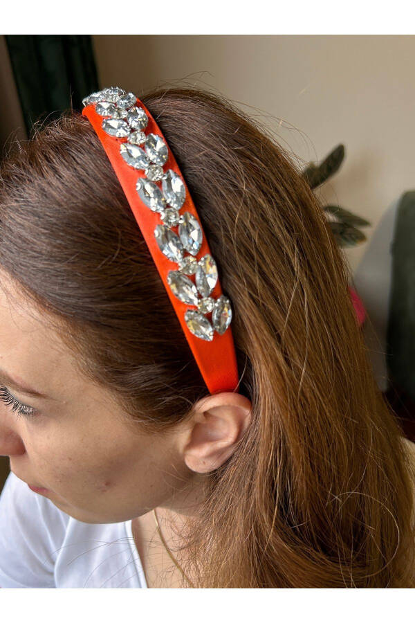 Bym090 Saten 4 Cm Full Baget Turuncu Renk Kalın Taş Şık Abiye El Yapımı Kadın Saç Tacı - 12