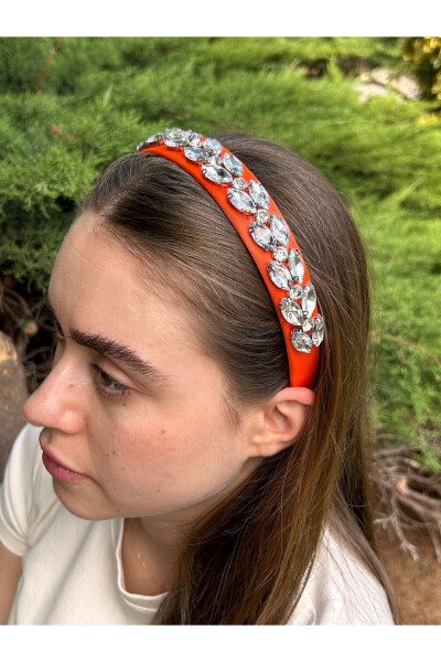 Bym090 Saten 4 Cm Full Baget Turuncu Renk Kalın Taş Şık Abiye El Yapımı Kadın Saç Tacı - 11