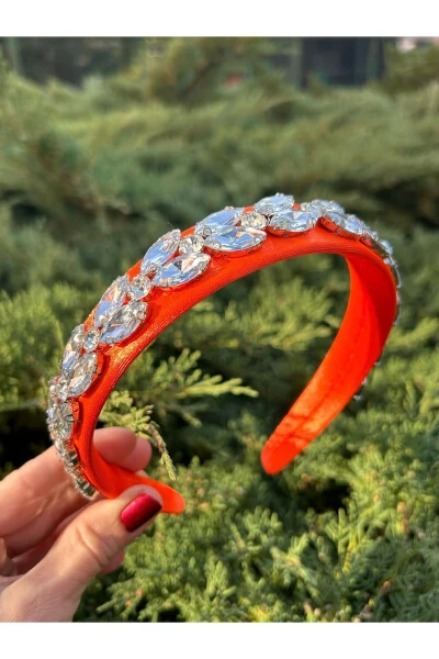 Bym090 Satin 4 Cm Full Baguette Orange Color Thick Stone Stylish Evening Handmade Women's Crown - 15