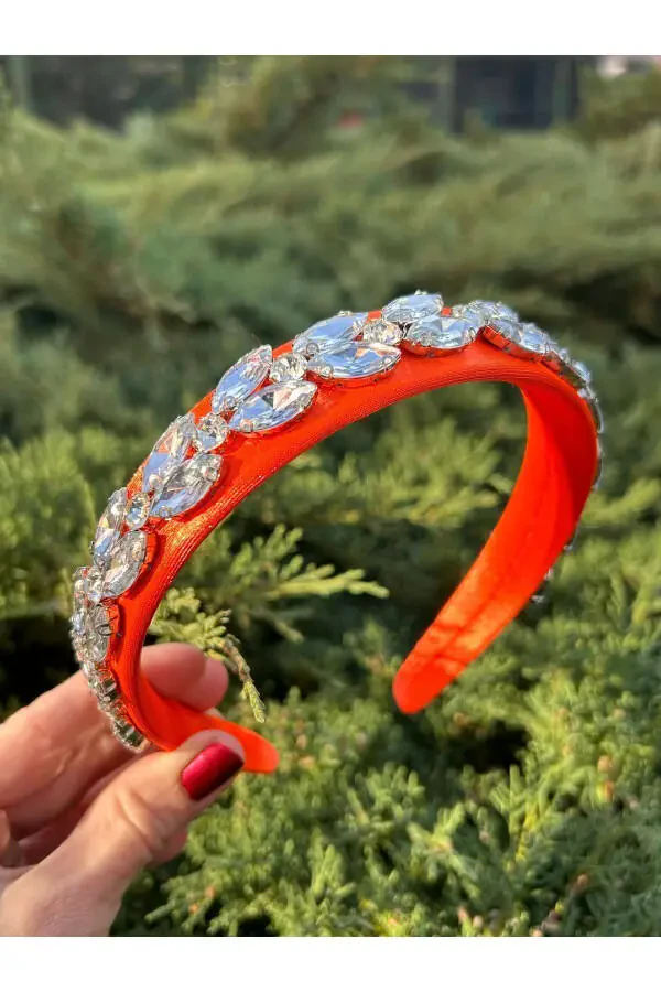 Bym090 Satin 4 Cm Full Baguette Orange Color Thick Stone Stylish Evening Handmade Women's Crown - 15