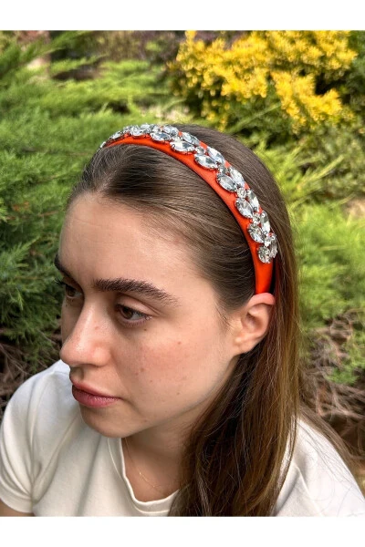 Bym090 Satin 4 Cm Full Baguette Orange Color Thick Stone Stylish Evening Handmade Women's Crown - 9