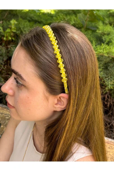 Bym570 Kadın Abiye Party Günlük Sarı Kristal Taşlı Metal Parlak Saç Tacı - ByMerve