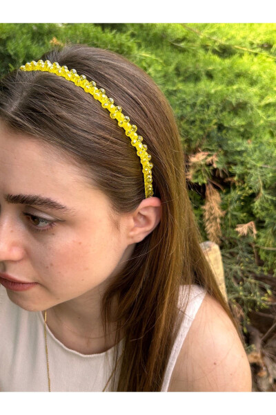 Bym570 Kadın Abiye Party Günlük Sarı Kristal Taşlı Metal Parlak Saç Tacı - 3