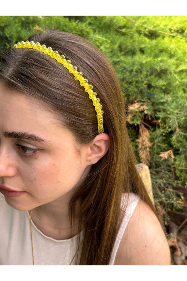 Bym570 Kadın Abiye Party Günlük Sarı Kristal Taşlı Metal Parlak Saç Tacı - 3