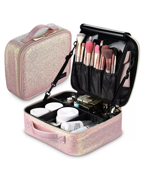 Byootique Portable Glitter Makeup Train Case Brush Holder Cosmetic Bag Travel Pink - 1