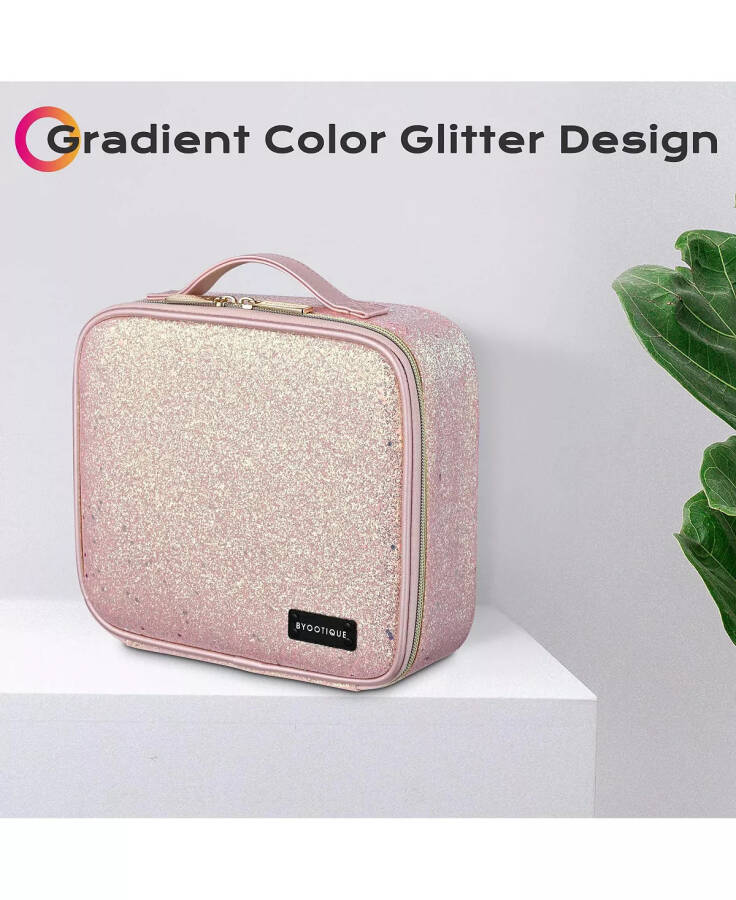 Byootique Portable Glitter Makeup Train Case Brush Holder Cosmetic Bag Travel Pink - 2