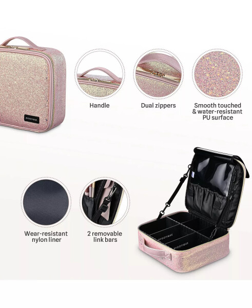 Byootique Portable Glitter Makeup Train Case Brush Holder Cosmetic Bag Travel Pink - 5