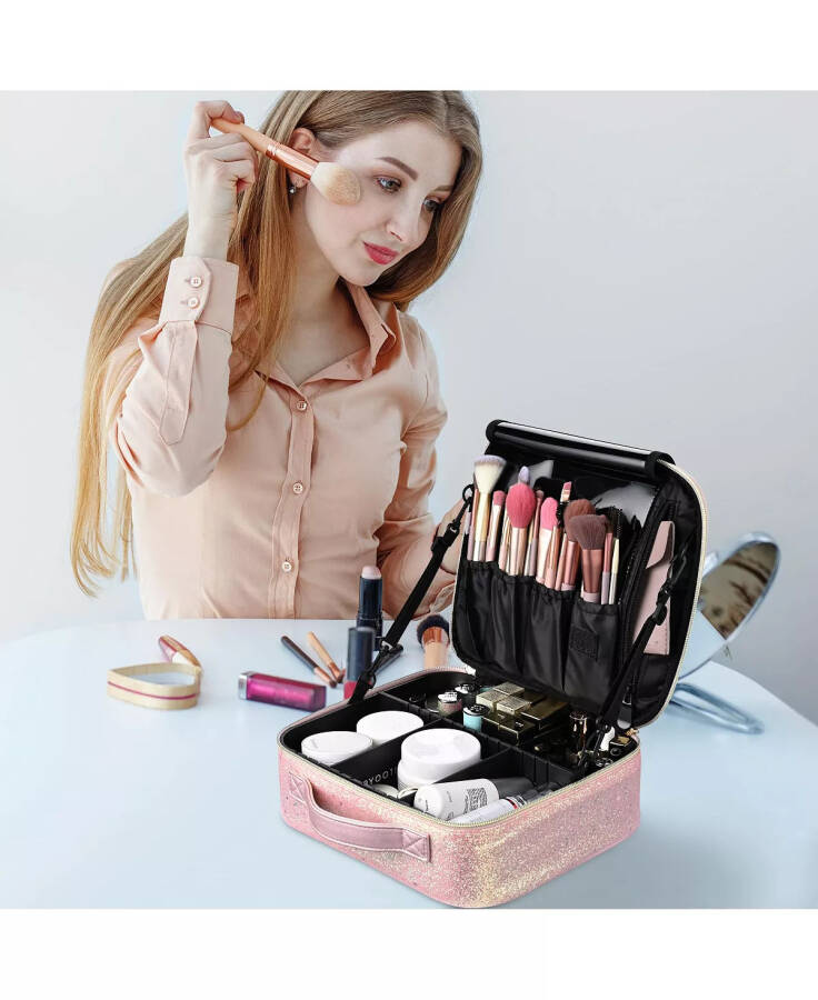 Byootique Portable Glitter Makeup Train Case Brush Holder Cosmetic Bag Travel Pink - 10