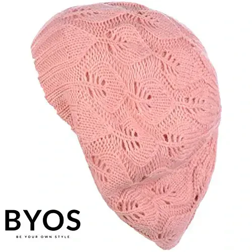 BYOS Women Mid-Weight Slouchy Leafy Cutout Crochet Soft Knit French Beret Hat - 4
