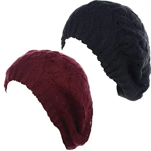 BYOS Women Mid-Weight Slouchy Leafy Cutout Crochet Soft Knit French Beret Hat - MODAZONE