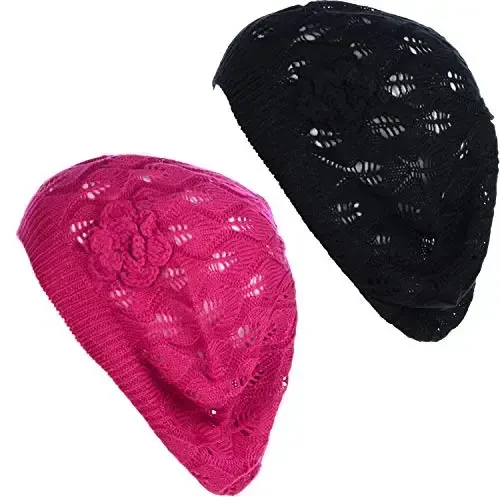 BYOS Chic Parisian Style Soft Lightweight Crochet Cutout Knit Beret Beanie Hat - 1