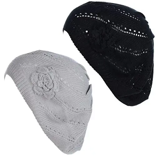 BYOS Chic Parisian Style Soft Lightweight Crochet Cutout Knit Beret Beanie Hat 