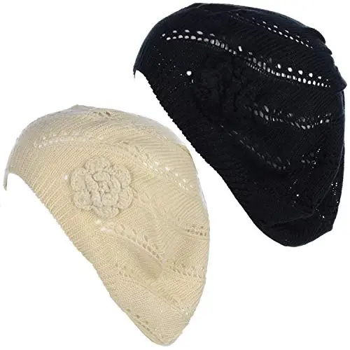 BYOS Chic Parisian Style Soft Lightweight Crochet Cutout Knit Beret Beanie Hat - 1