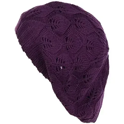 BYOS Women Mid-Weight Slouchy Leafy Cutout Crochet Soft Knit French Beret Hat - 2