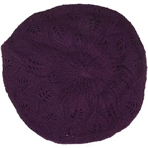 BYOS Women Mid-Weight Slouchy Leafy Cutout Crochet Soft Knit French Beret Hat - 3