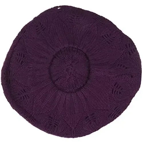 BYOS Women Mid-Weight Slouchy Leafy Cutout Crochet Soft Knit French Beret Hat - 4