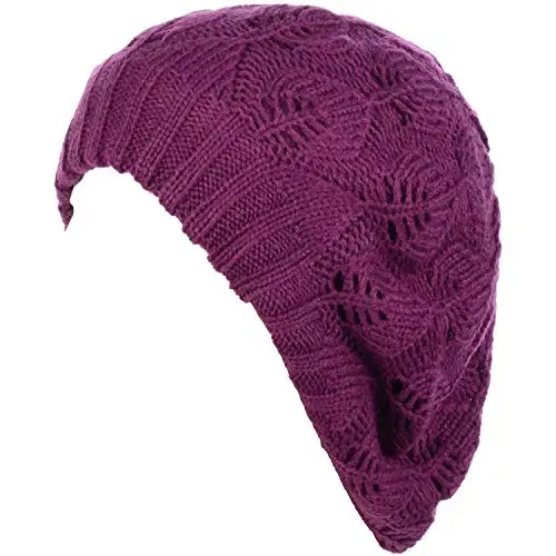 BYOS Women Mid-Weight Slouchy Leafy Cutout Crochet Soft Knit French Beret Hat - 5