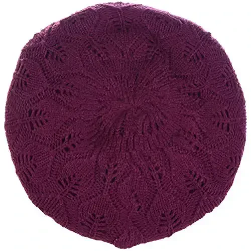 BYOS Women Mid-Weight Slouchy Leafy Cutout Crochet Soft Knit French Beret Hat - 2