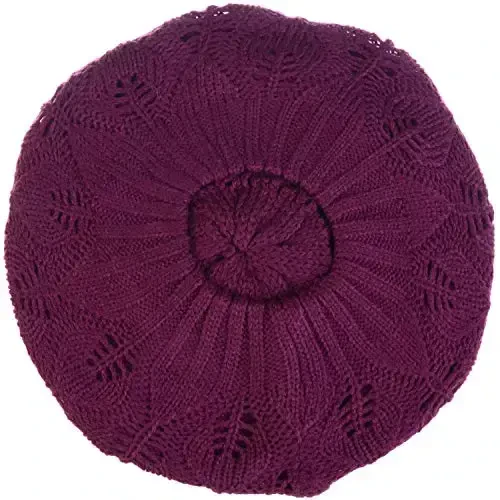 BYOS Women Mid-Weight Slouchy Leafy Cutout Crochet Soft Knit French Beret Hat - 3