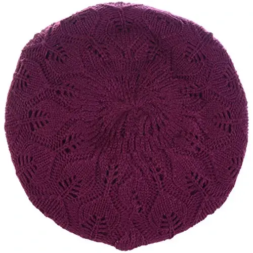 BYOS Women Mid-Weight Slouchy Leafy Cutout Crochet Soft Knit French Beret Hat - 2