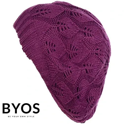 BYOS Women Mid-Weight Slouchy Leafy Cutout Crochet Soft Knit French Beret Hat - 4