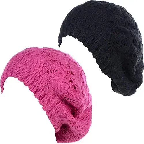 BYOS Women Mid-Weight Slouchy Leafy Cutout Crochet Soft Knit French Beret Hat 