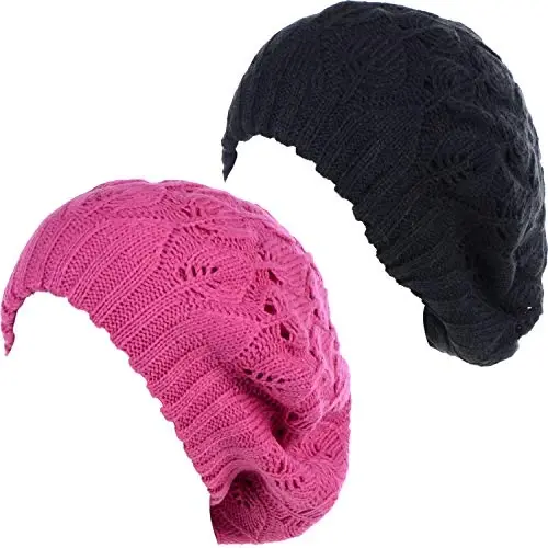 BYOS Women Mid-Weight Slouchy Leafy Cutout Crochet Soft Knit French Beret Hat - 1