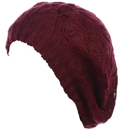 BYOS Women Mid-Weight Slouchy Leafy Cutout Crochet Soft Knit French Beret Hat - MODAZONE