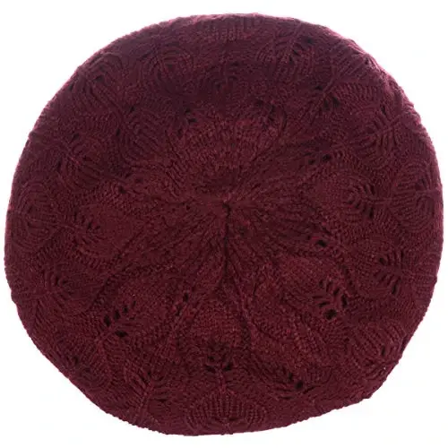 BYOS Women Mid-Weight Slouchy Leafy Cutout Crochet Soft Knit French Beret Hat - 2