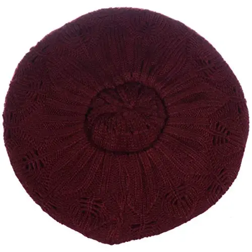 BYOS Women Mid-Weight Slouchy Leafy Cutout Crochet Soft Knit French Beret Hat - 3