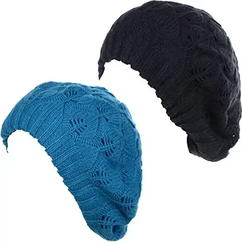 BYOS Women Mid-Weight Slouchy Leafy Cutout Crochet Soft Knit French Beret Hat - BYOS