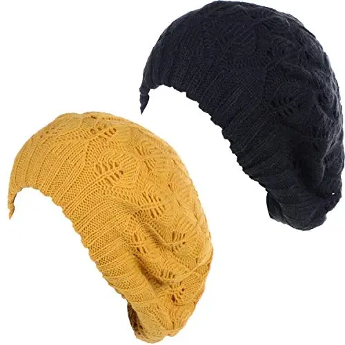 BYOS Women Mid-Weight Slouchy Leafy Cutout Crochet Soft Knit French Beret Hat 