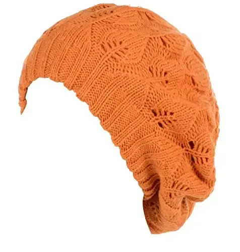 BYOS Women Mid-Weight Slouchy Leafy Cutout Crochet Soft Knit French Beret Hat - 1